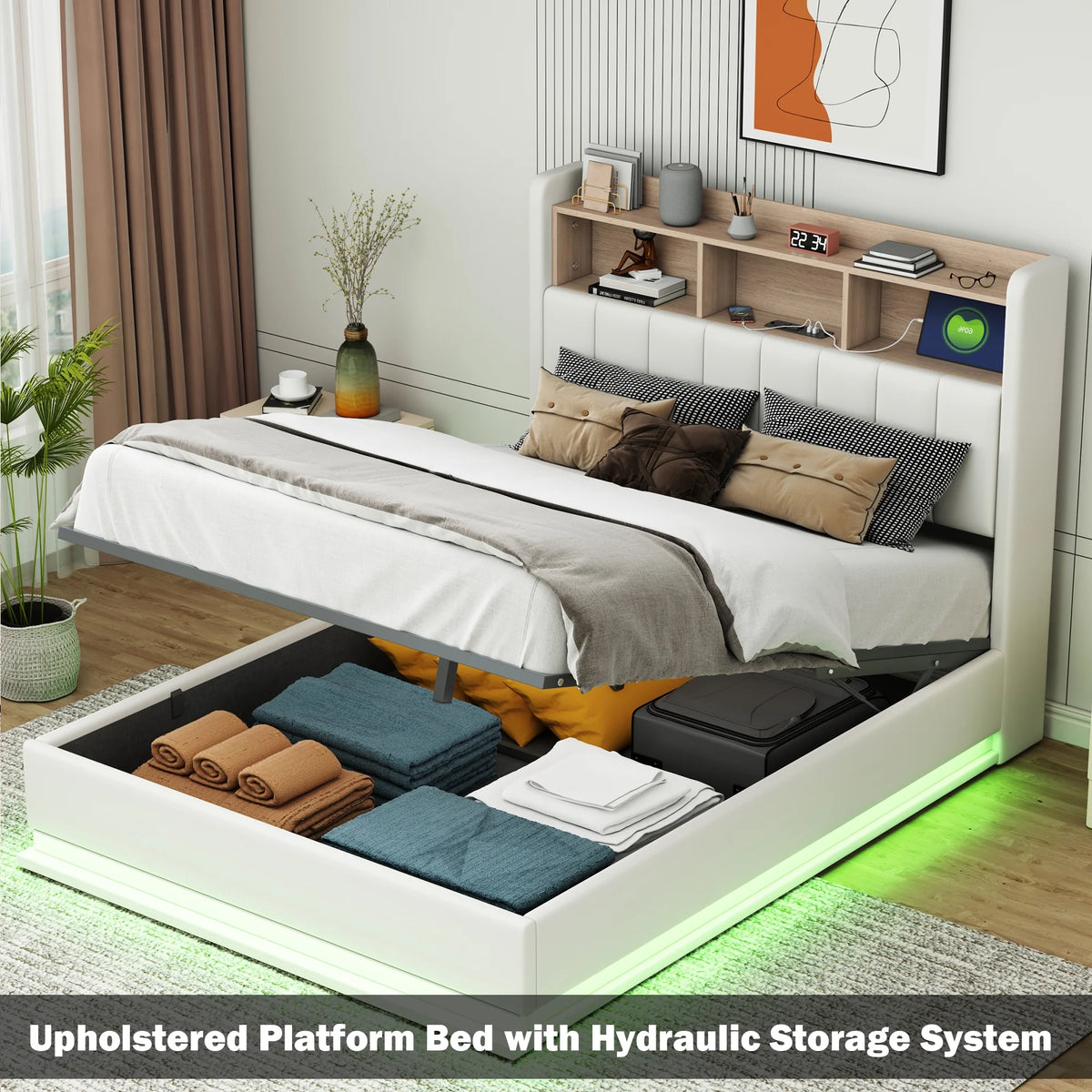 Black Full Size PU Upholstered Platform Bed with Storage Headboard X555