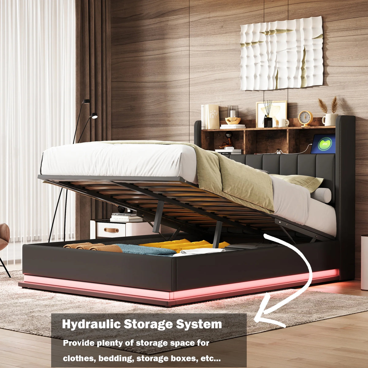 Black Full Size PU Upholstered Platform Bed with Storage Headboard X555