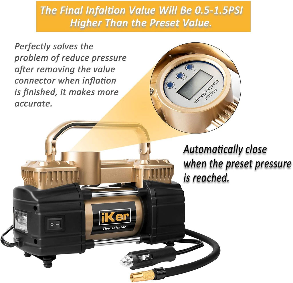 Portable Air Compressor Pump Tire Inflator, Digital Gauge 12V 70L/Min Double Cylinders 150PSI with LED Lights, 11.5ft Air Hose and Tire Repair Kit Pack of 2 R704