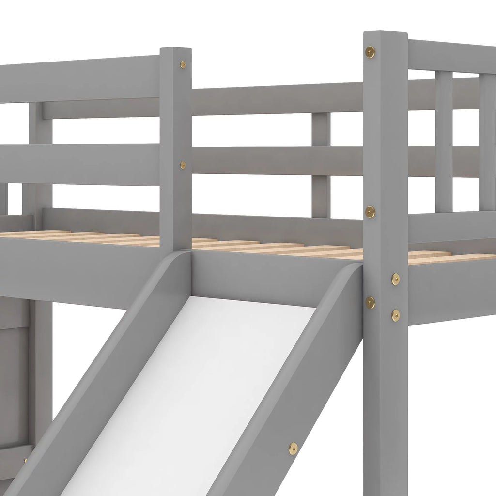 Solid Wood Twin Over Twin Bunk Bed with Slide and Stairway B33015