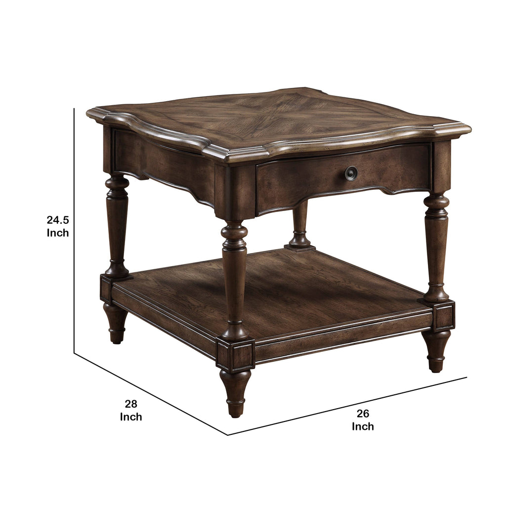 Brown 1 Drawer End Table with Open Bottom Shelf and Turned Feet N54897