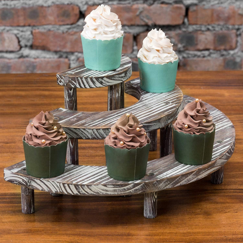 3 Tier Rustic Torched Wood Semicircle Cupcake Stand T8818