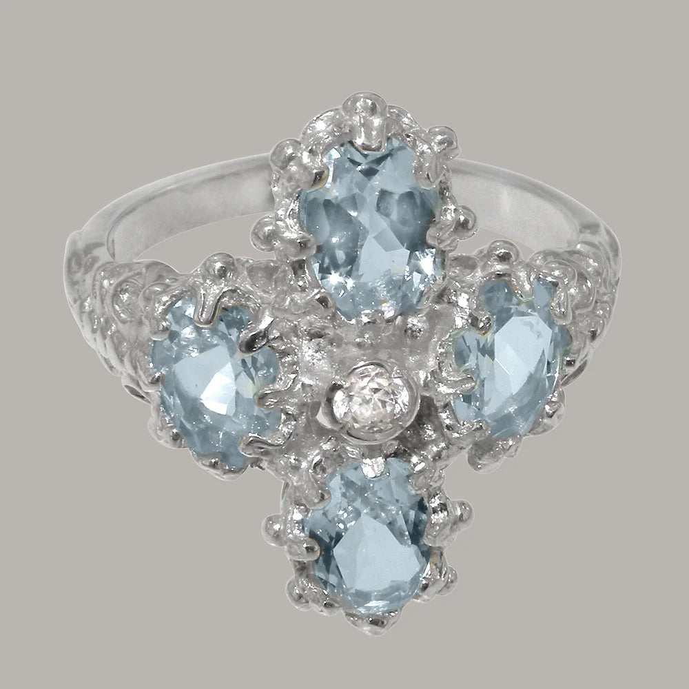 14k White Gold Natural Diamond & Aquamarine Womens Ring W86595