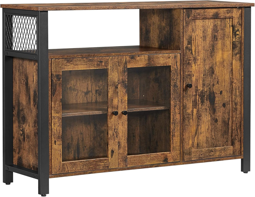 Rustic Brown and Black Floor Storage Cabinet with Transparent Doors V2818