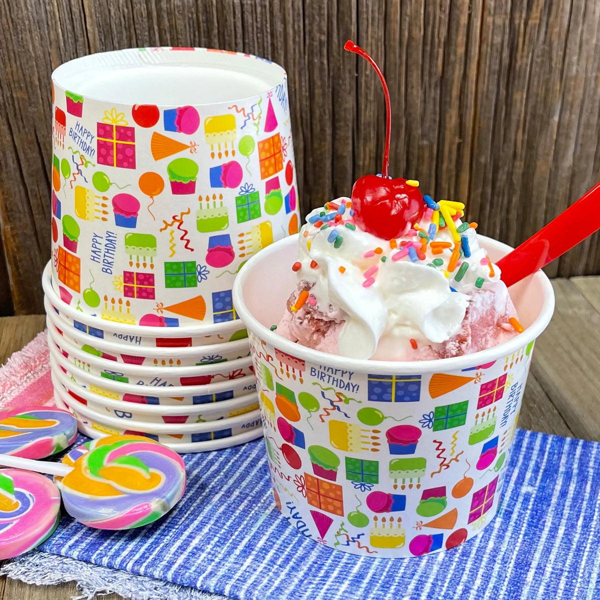 16 Pk Birthday Ice Cream Kit with 8 Oz Cups, Spoons, Umbrellas G861