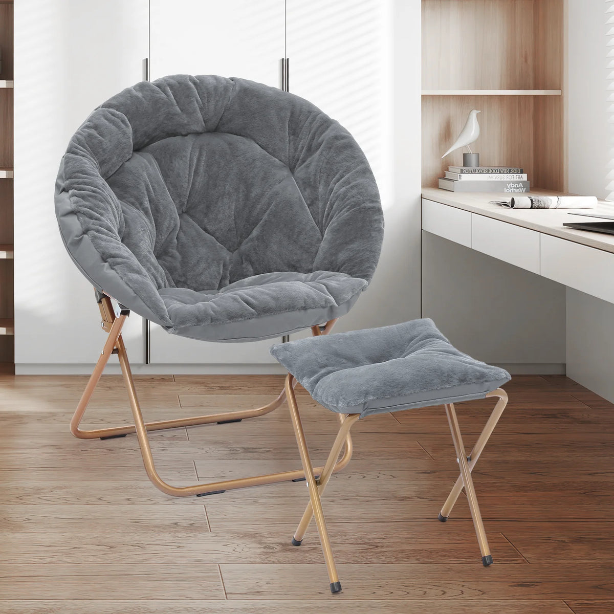 Gray Faux Fur Folding Saucer Chair and Footrest Stool Set S648407