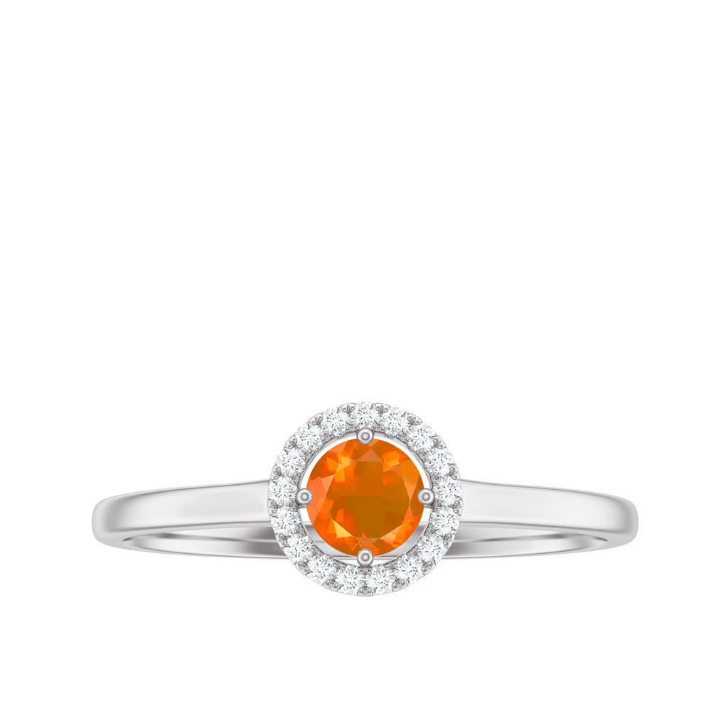 1/4 CT Round Fire Opal Ring with Diamond Halo, 925 Sterling Silver M465